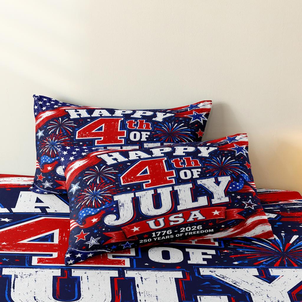 3 Pieces USA Anniversary Print Duvet Cover Set, Retro Distressed Red Star Firework Brush Stroke Patriotic Print Bedding