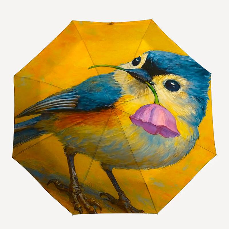 

1pc Bird Flower Automatic Folding Umbrella - Compact 8-Rib Design, Durable Plastic & Iron, 052