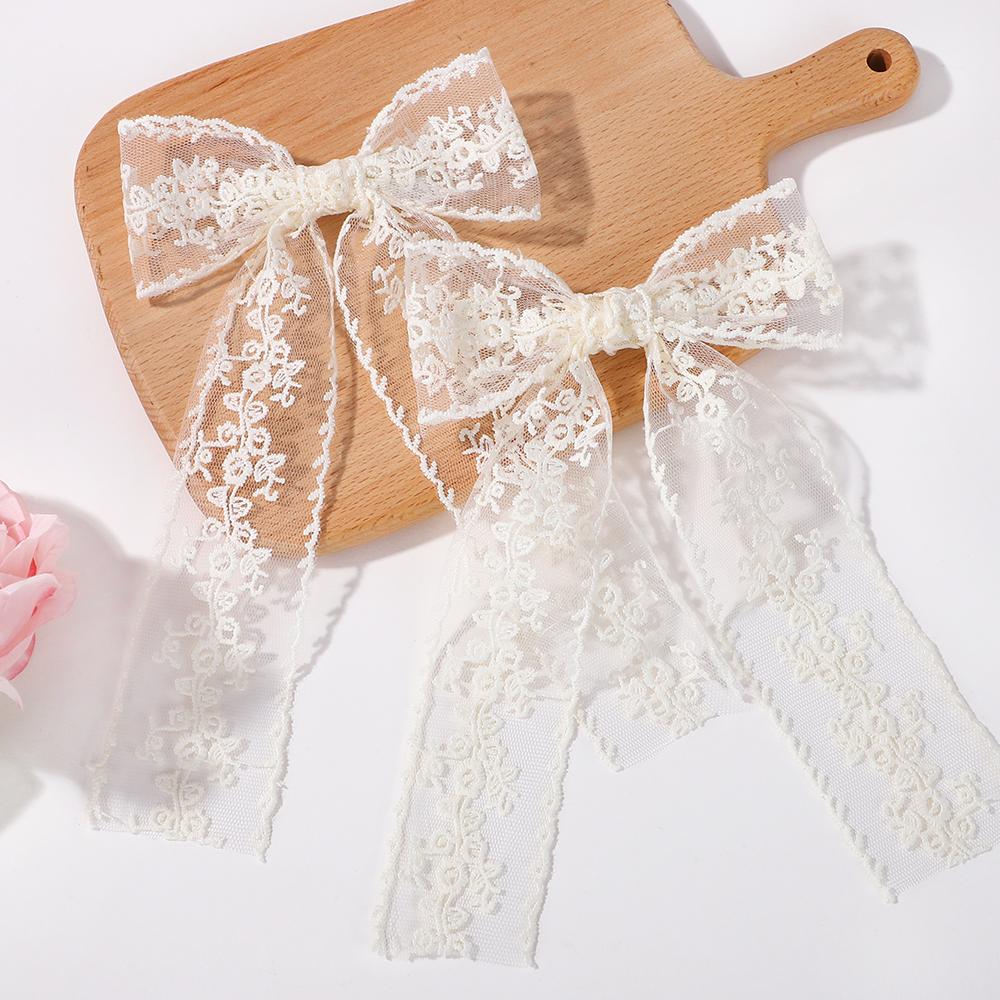 RAINBOW BOWS 1Pcs 8inch White Long Tassle Bowknot Hair Ponytail Clips Hollow Lace Elegant Women Hairgripes Girls Lovely Headwear