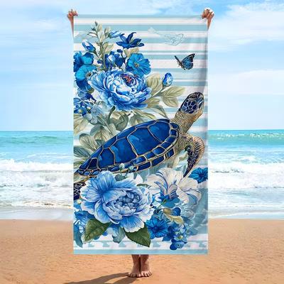 Blue Flower Sea Turtle Beach Towel Striped Background Quick Dry Absorbent Soft Towel For Summer