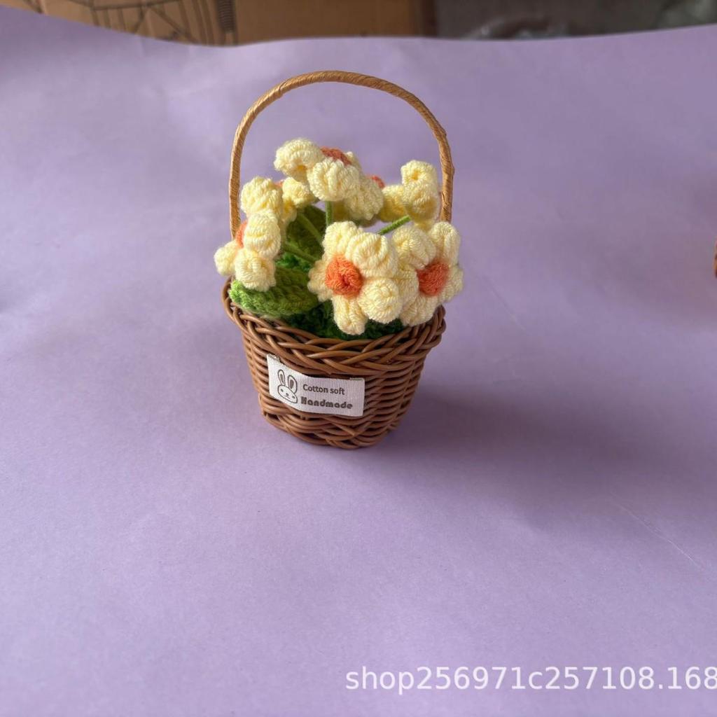 Blue Crochet Puff Flower Desk Ornament: Knitted Potted Plant Decoration