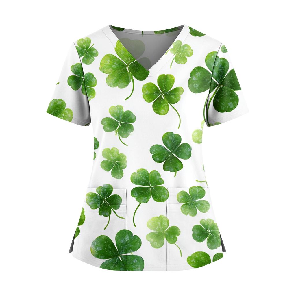 Frauen St. St. Patrick's Day Druck V-Ausschnitt Doppeltasche Kurzarm Uniform Oberteil mit geschlitztem Saum