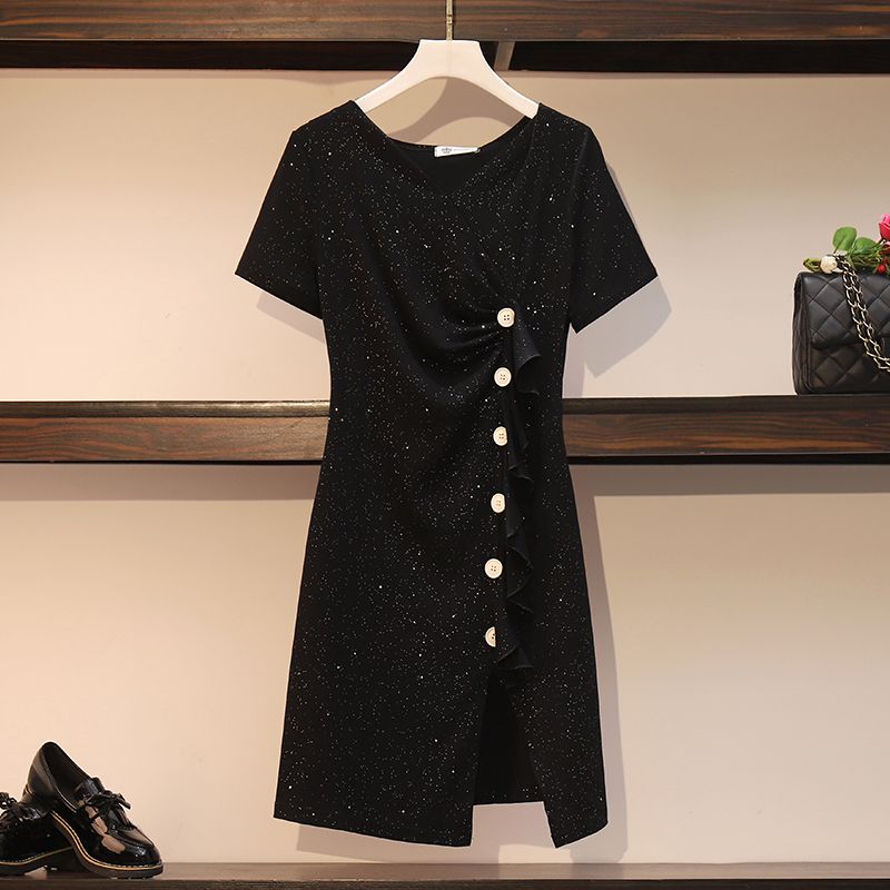

MMV Chubby Loose Split Short Sleeve Solid Color Black Dress Black XL [Suggested 57.50 kg-67.50 kg]]