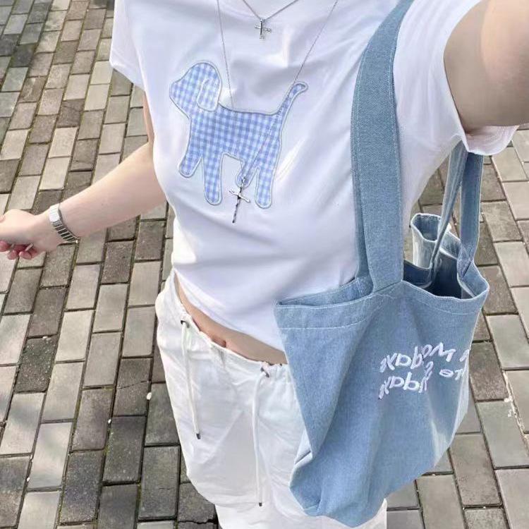 

Women’s Summer White Plaid Puppy Appliqué Short Sleeve Slimming Top S