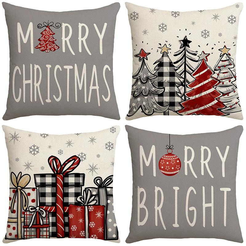 Gray Christmas Tree Christmas Throw Pillow Cover Linen Letter Print Holiday Decoration Living Room Sofa Cushion Cover Pillow