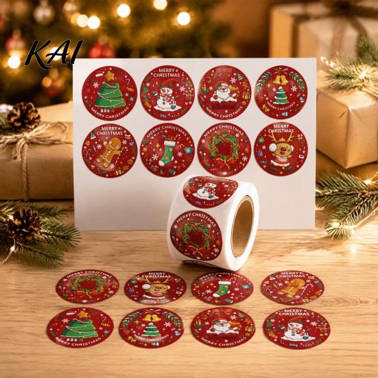 Decorative Holiday Labels Christmas Roll Stickers, 8 Festive Patterns Print, Round Envelope Decoration Decals Seals, Coated Paper Stickers for