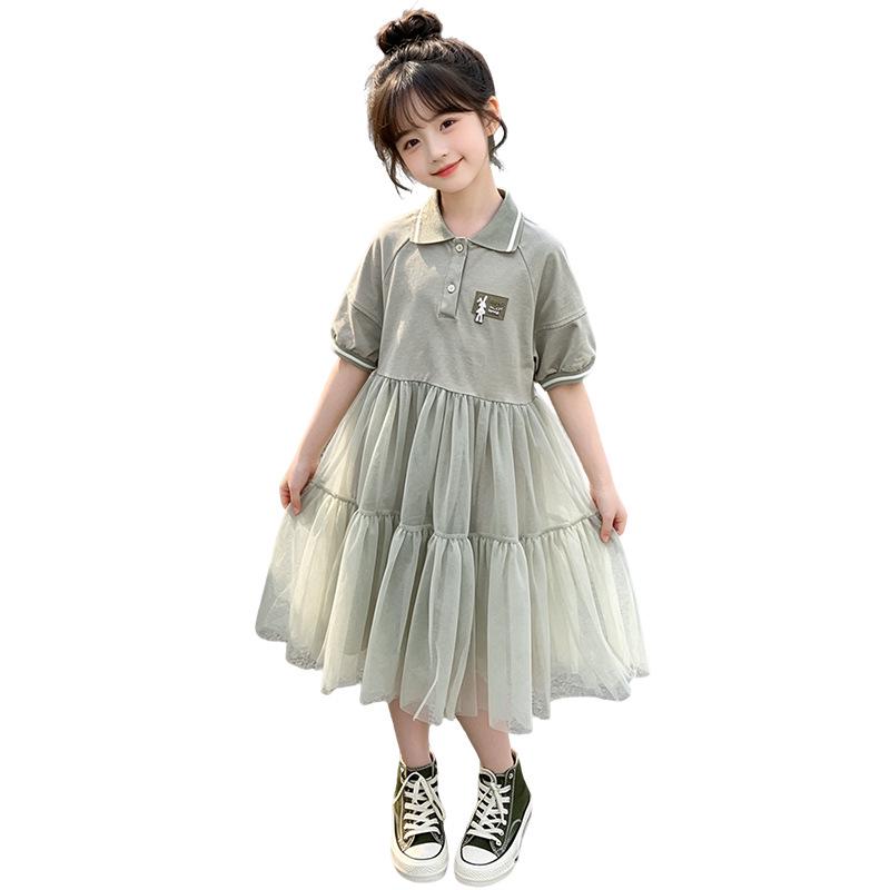 2026 Girls' Casual POLO Collar Summer Mesh Princess Dress