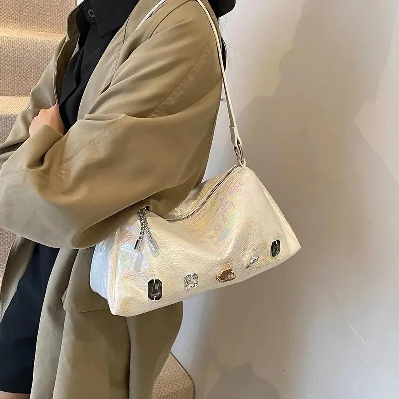 Retro New Shoulder Axillary Sequin Ladies Bags  High Quality Solid Nylon Soft Zipper Fashion Crossbody Bag