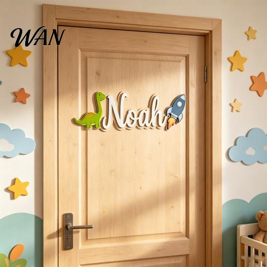 Soft Color Kids Door Decor Personalized Name Sign Dinosaur Rocket Wooden for Boys For Custom Nursery Hanging Wall Bedroom Playroom