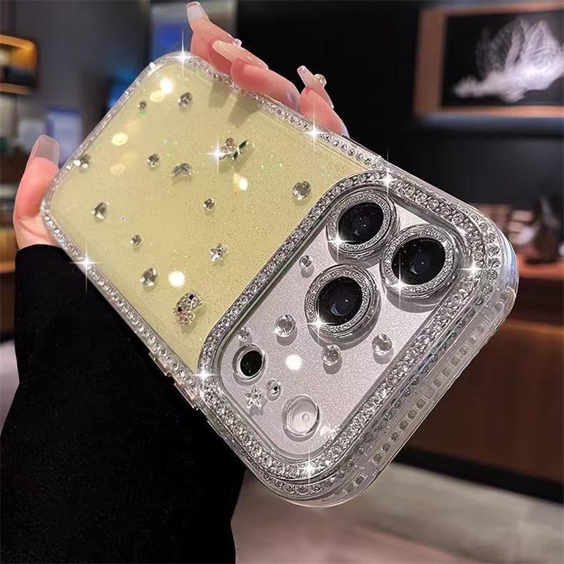 Doppelseitige Strass-Glitzer-Hülle mit Vollabdeckungs-Linsenfolie für iPhone 17 Pro Max, 16 Pro, 15 Pro
