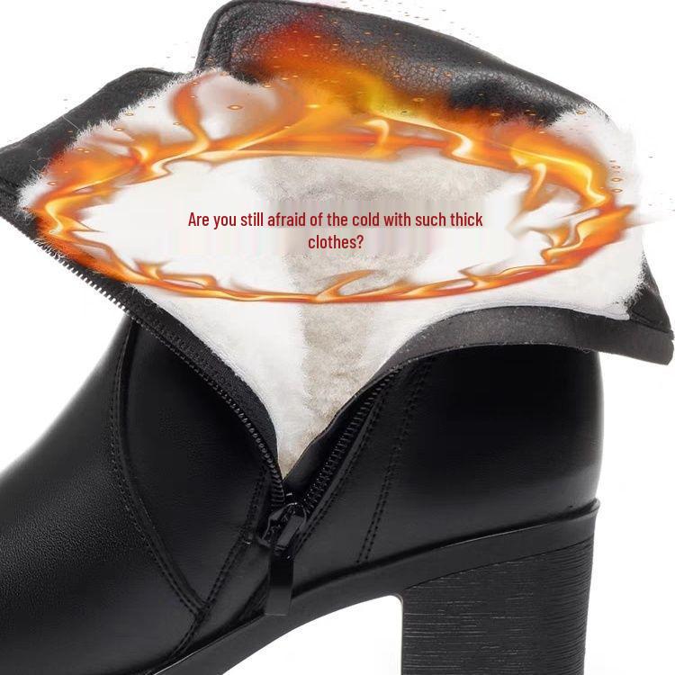 Damen Stiefeletten mit Blockabsatz, Fleecegefütterte Lederschuhe für den Winter, Mittelhoher Absatz, Weiches Leder, Ideal für Frauen mittleren Alters und Mütter