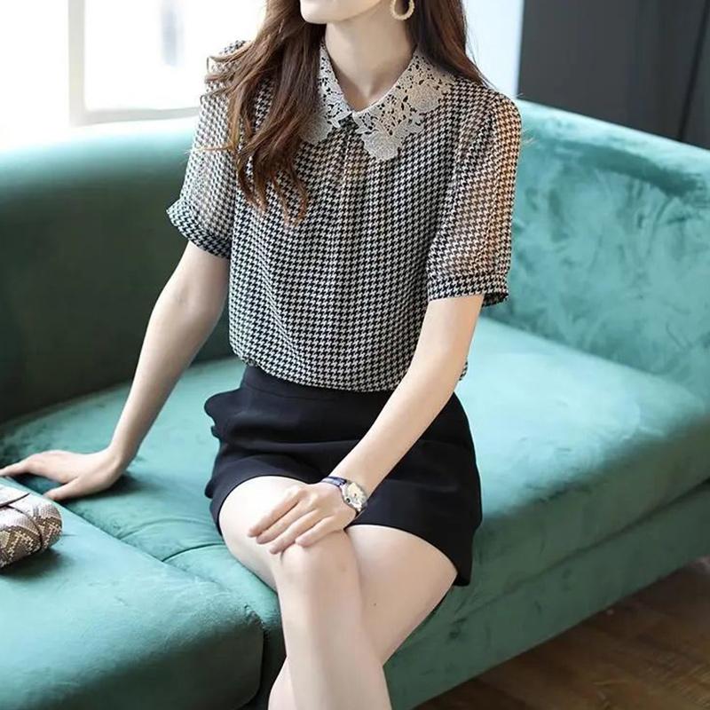 Sommer Damen Elegant Mode Vintage Hahnentritt Spitze Patchwork Pullover Chiffon Hemd Kurzarm Locker Lässig Blusen