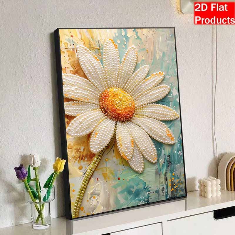 DIY Frameless Pearl Painting Kit Daisy Flower Floral Art 3D Shiny Bead Canvas Relaxing Craft for Home Wall Decor Birthday Gift Ideas