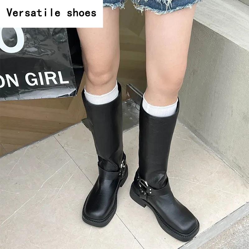 Woman Western Cowgirl Boot Fashion Back Zippers Long Booties Autumn Winter Suqare Low Heel Girl Shoes