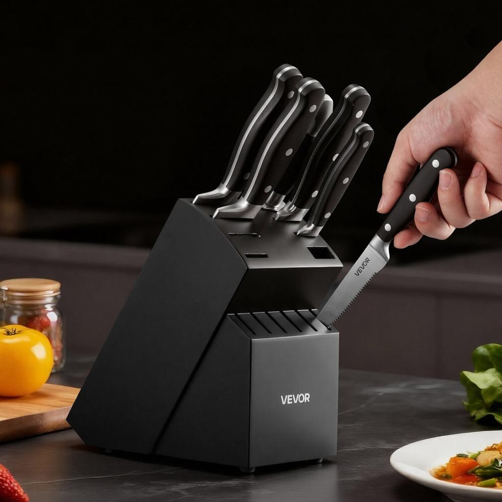Kitchen Knife Set with Block and Sharpener, 15 Piece High Carbon Stainless Steel Sharp Knife Set, Kitchen Cutlery with Crack-Resistant Handle,