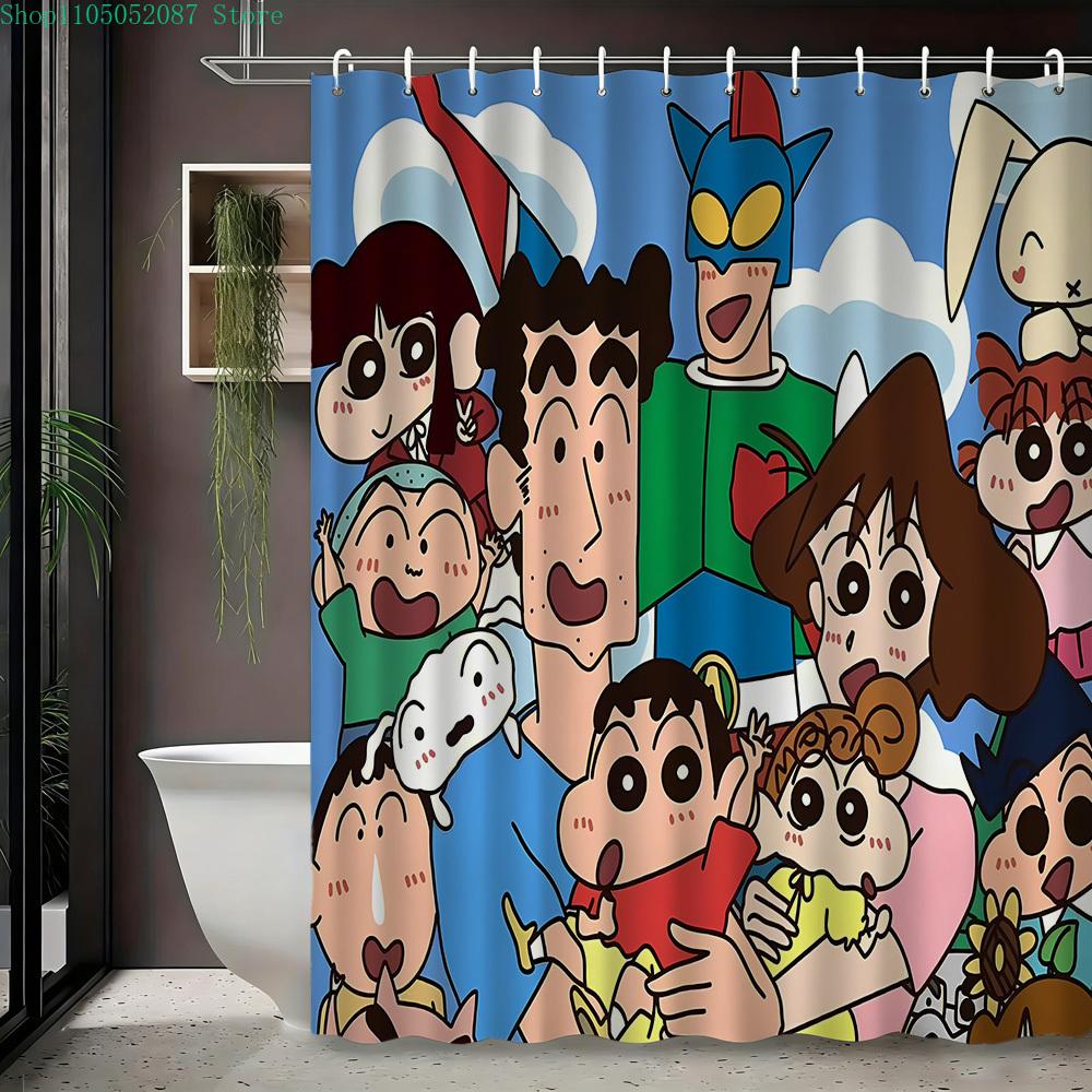 Crayon Shin-chan & Friends with Shiro 2D Print Waterproof Shower Curtain, Green Anime Bathroom Decor with Hooks