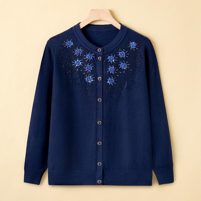 

Middle-aged elderly sweater mother crew neck sweater jacket spring and autumn loose embroidered knitted cardigan grandma top average size темно-синий