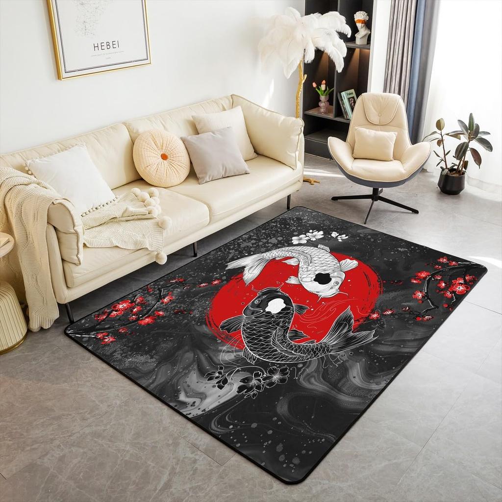 Japanese Ukiyo-e Great Wave Crane & Cherry Blossom Print Area Rug, Non-Slip Floor Mat for Living Room Bedroom Home Decor Carpet