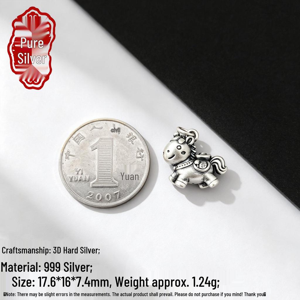 Sterling Silver Zodiac Horse Pendant Charm for DIY Bracelet Weaving - Pure Silver Small Horse Accessory in Chinese Style.