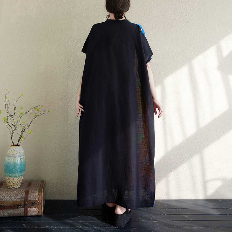 Damen Baumwolle und Leinen Retro Schlankmachendes Kurzarm Color-Blocked Kleid