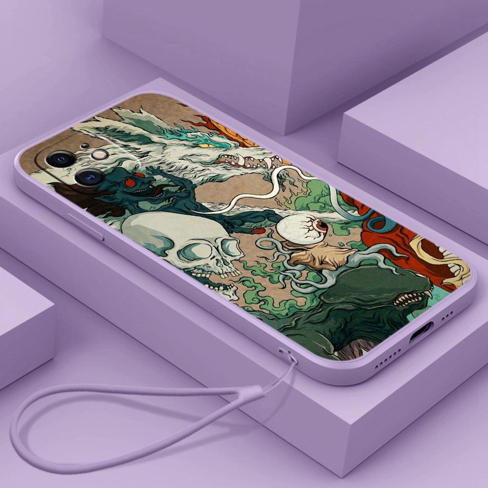 Samsung Galaxy A14 A24 A23 A13 A53 A54 A34 S23 FE for iPhone 11 12 13 14 15 Pro Max Soft Straight Edge Telefonveske Med snordeksel A33 Dragon design