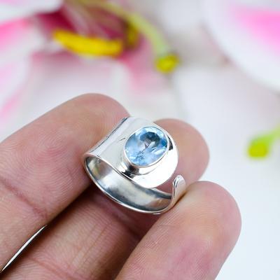 Naturalny Niebieski Topaz Kamień Szlachetny 925 Solidne Srebro Sterlingowe Biżuteria Pierścionek Rozmiar 12 e1T72