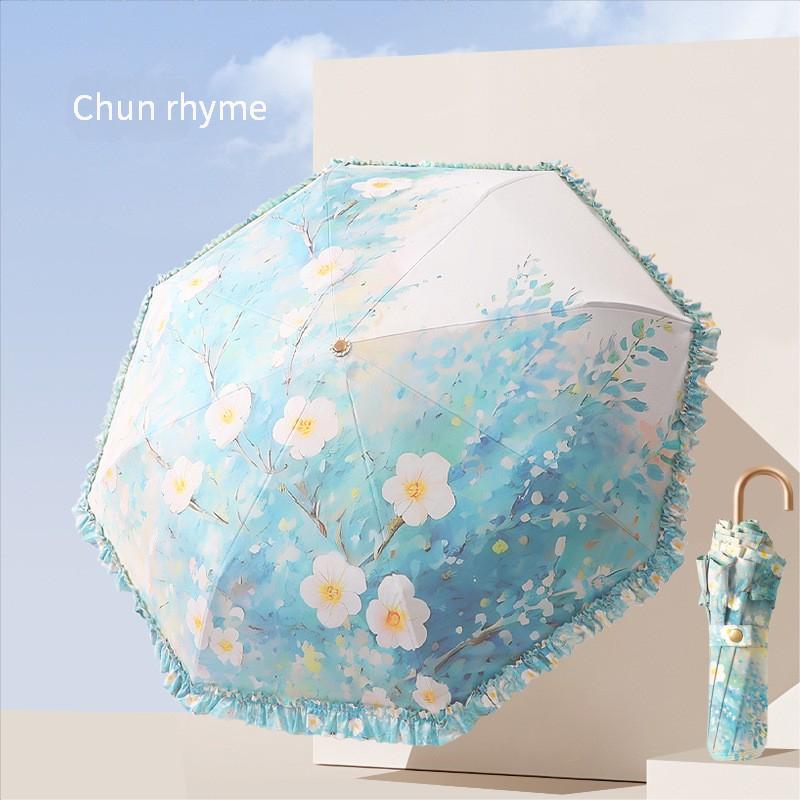 Lace Three-Fold Colored Rubber Anti-Ultraviolet Sun Umbrella Goddess Lightweight Portable Sunshade Umbrella Small Gold Hook Sun