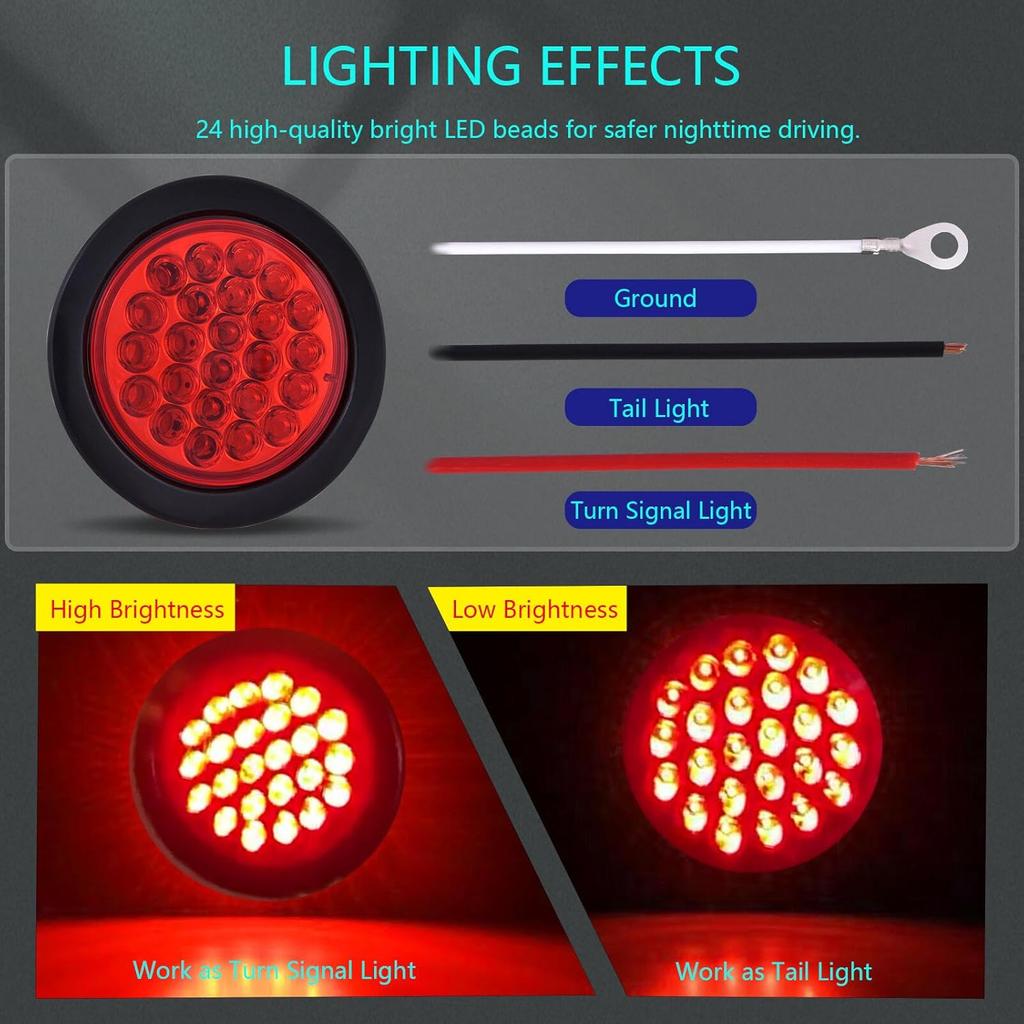 4 Inch Round Trailer Tail Light For 12V Truck Trailer Bus RV Camper ATV UTV 24LED Back Up Reverse Light Waterproof W/Flush Mount Grommets Plugs