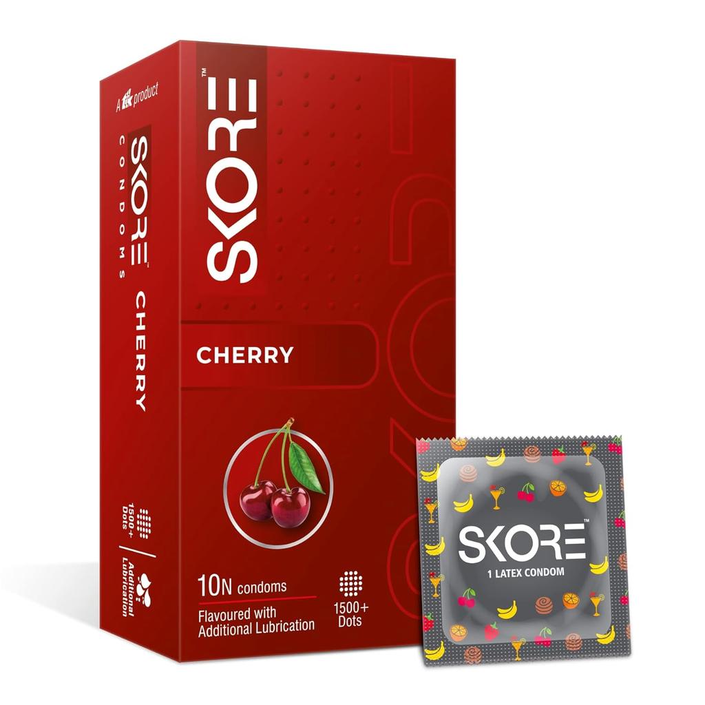 Skore Fruit Basket Flavoured Condoms Combo Pack of 4, X10 Pcs Orange Banana Cherry Strawberry Dotted Latex Rubber