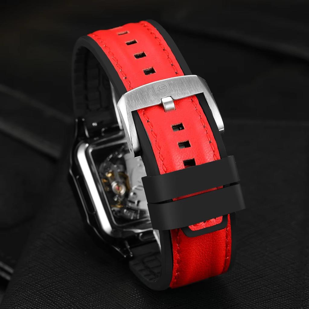 Forsining Square Dial Skeleton Watch Automatic Watch for Men Luxury Sports Mechanical Wristwatch Waterproof Luminous Leather Band