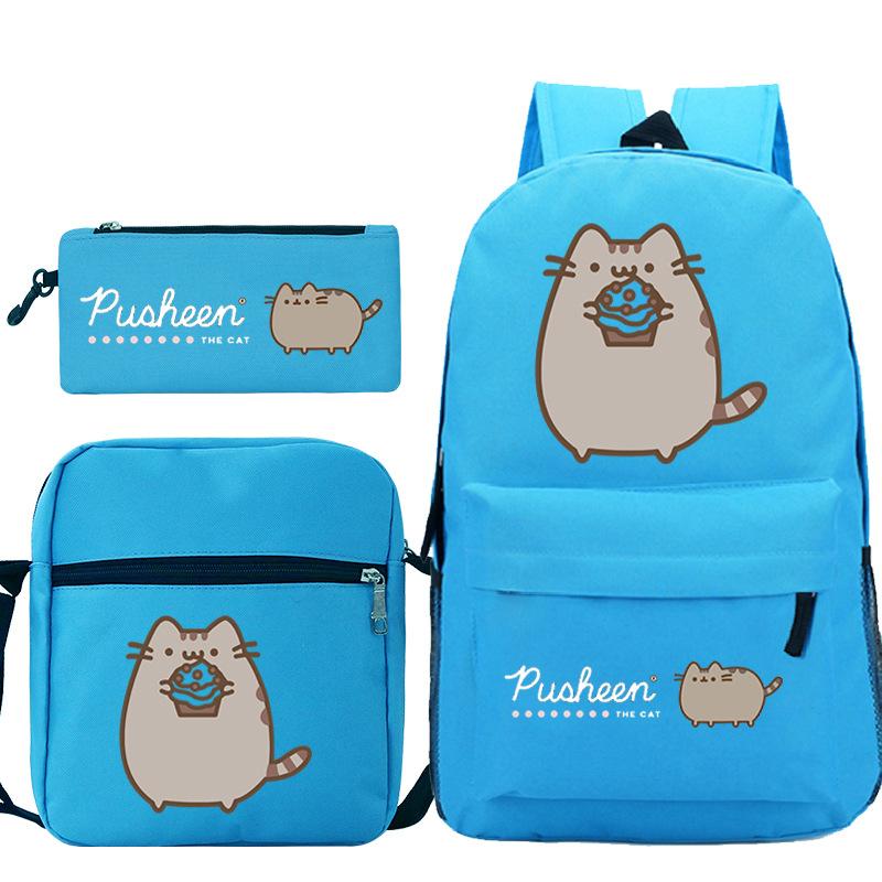 Pusheen fette Katze niedlicher Cartoon bedruckter Schulranzen grenzüberschreitende Studenten tragbare Umhängetasche Federmäppchen dreiteiliges Set