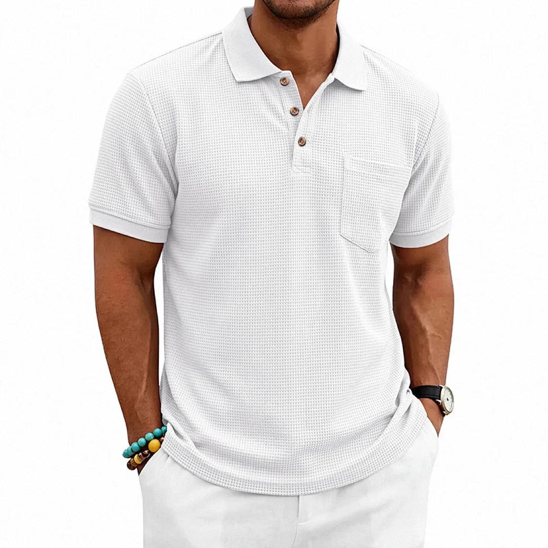 

Men s Waffle Knit Polo Shirt Short Sleeve Casual Button Down Polos Men Solid Business Style Tees Tops L белый