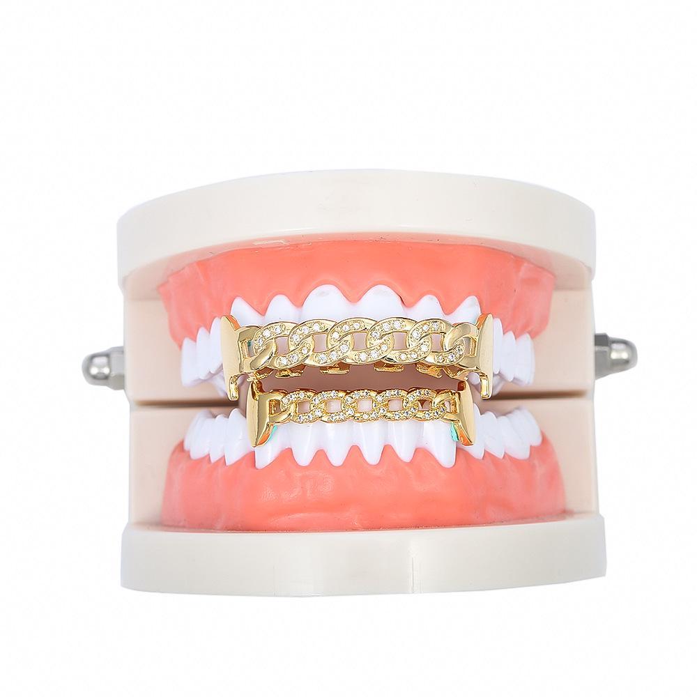 Hot-Selling European & American Hip Hop Halloween Grillz: Chain & Hollow Out Zircon Inlaid Fangs