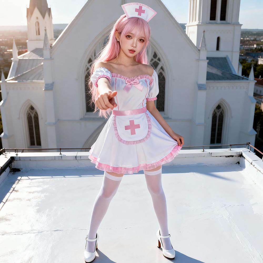 Women's Carnival Japanese Anime Nurse Lolita Dress Set for Women, Sexy Sweet Cute Style (Dress+Apron+Hair Accessory)