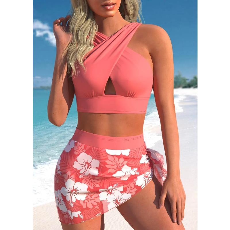 

Women s Beachwear Solid Color Cross Halter Women s Tankini Swimwear Two Piece Bikini Set Beachwear S-6XL 6XL