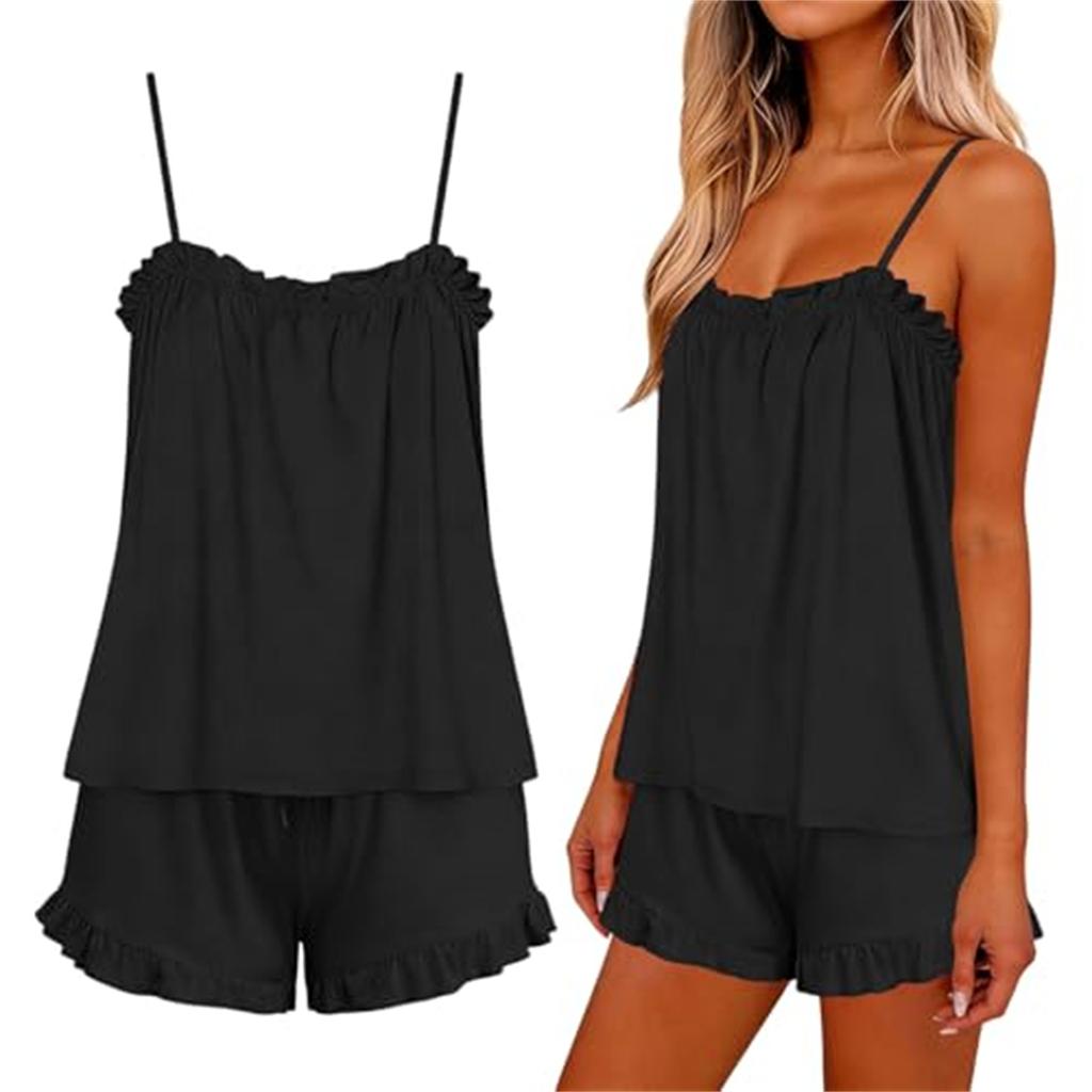 Women's Casual Two Piece Pajama Set Lightweight Sleeveless Top with Adjustable Straps and Elastic Waist Shorts Soft Lounge Sleepwear
