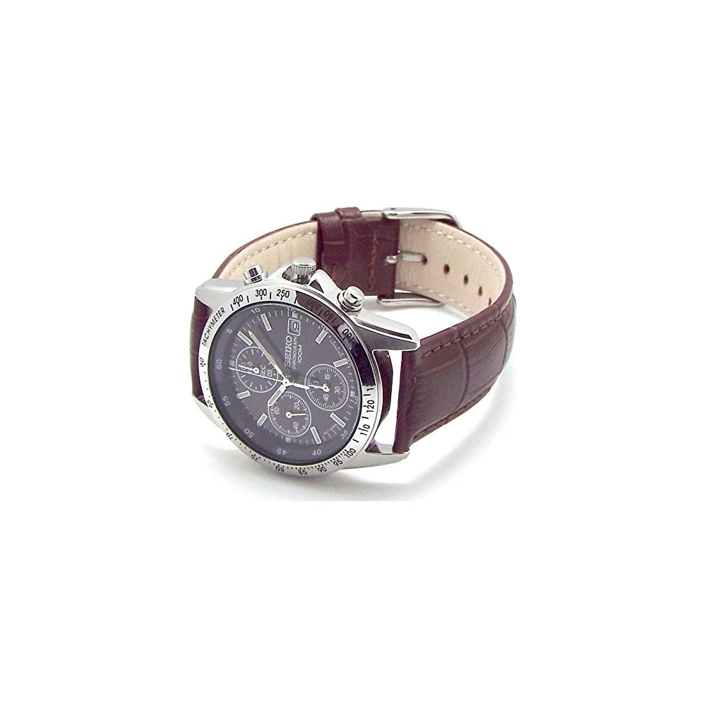 Seiko Chronograph Watch Black Deep Brown Leather Strap Men's Timepiece SND367P1-DB