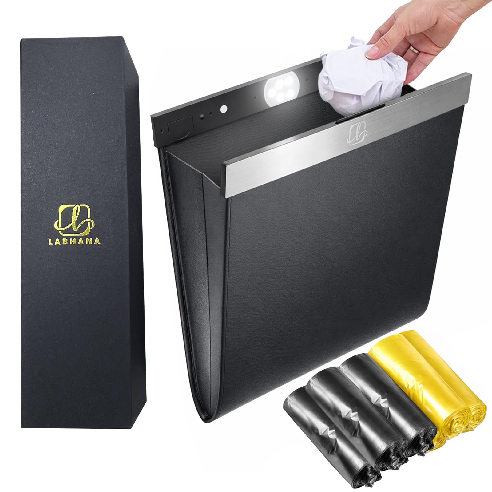 

LABHANA Car Trash Can, Multi-Vehicle Compatible with Hooks, Magnetic Design, Slim Storage, Small Item Compartment, Bags Included, Sensor LED Light, Ap