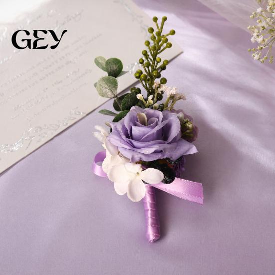 Durable Suit Pin Purple Wedding Boutonniere, Artificial Silk Flower Lapel for High-end Brooch Groom Bride Parents, Romantic Wrist Corsage Bridal Party