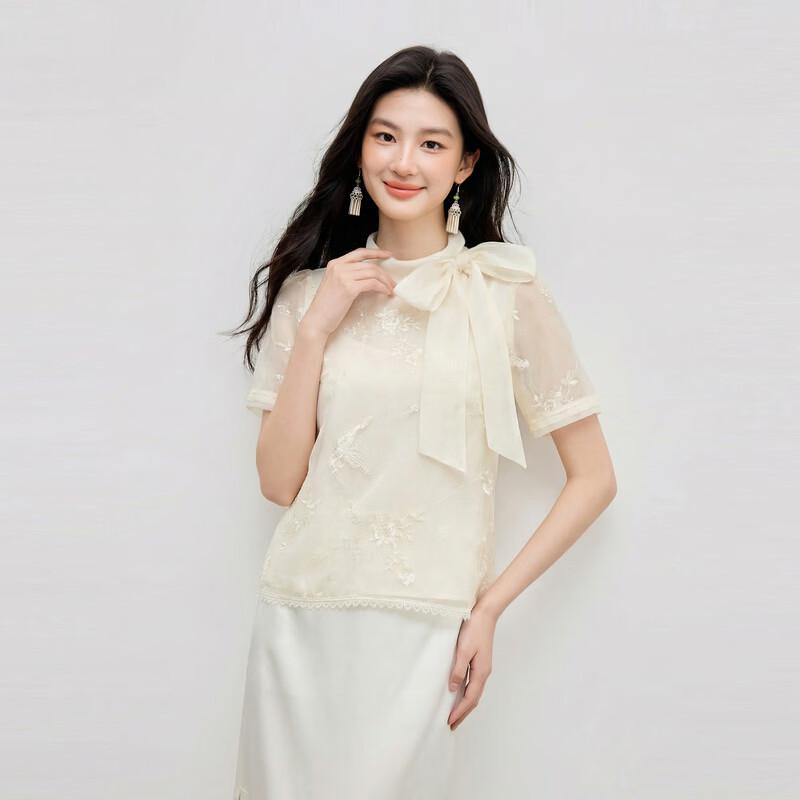 Qiusui Yiren Women s Embroidered Chiffon Tie-Neck Blouse M