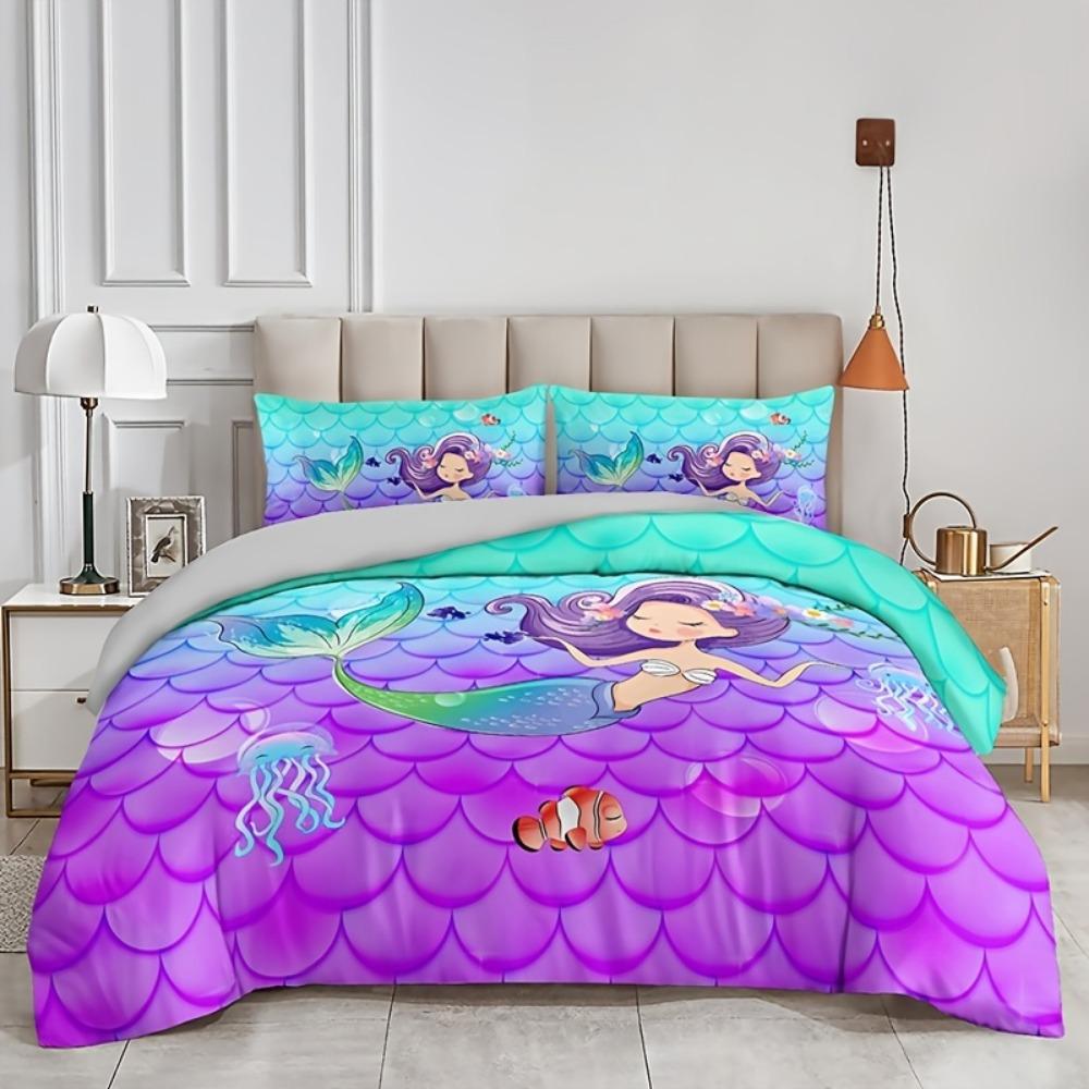 3dílná modro-fialová sada povlečení Dreamy Mermaid s 3D potiskem, útulný povlak na přikrývku, velikost King, Queen, Single, dárek k narozeninám pro dívku, dekorace do ložnice
