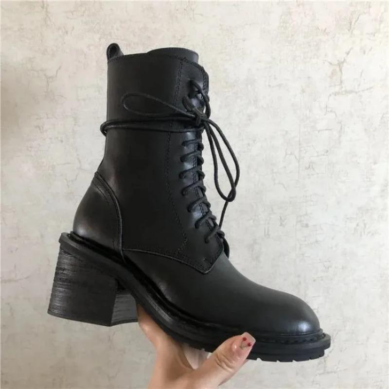 2025 Winter Brand High Quality Chic Cool Ankle Boots Women Fashion Black Block Heels Lace-up Zipper Motorcycles Boots Shoes
