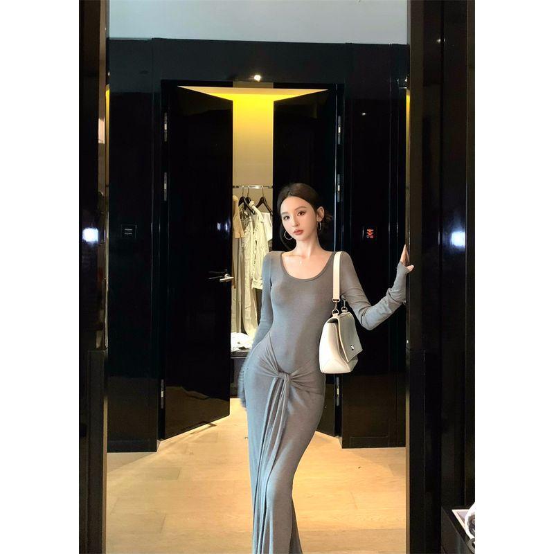 

Kumikumi Pure Desire Style Sexy Temperament Lace-up Solid Long sleeve dress Women Autumn Waist Hugging Slimming A- line Skirt Gray M