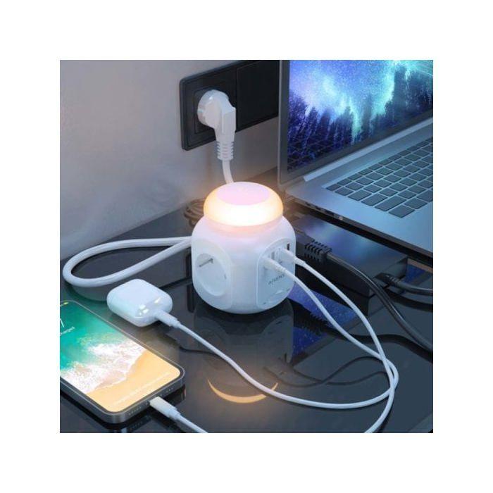 AISENS - ASPS-2A1CLPQ02-W - Multifunksjonell med 4 stikkontakter + 1Xusb-C 20 W Pd3.0, 2Xusb-A 18 W Qc3.0, Nattlys 1,8 m, Hvit