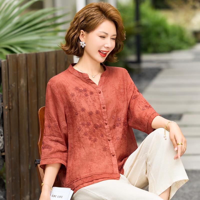 Pa Si Te New Chinese Style Embroidered Ramie Blouse for Women L красный