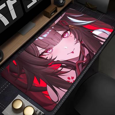 Gaming Mouse Pad Large Desk Mat Antislip Stitched Edges Red Background Anime Girl Print Keyboard Pad for Gamer Home Office