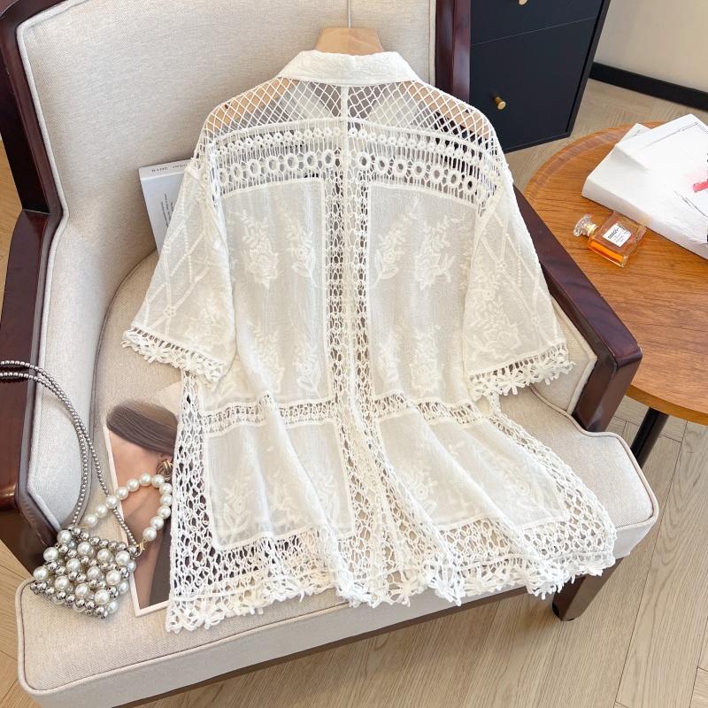 Dimanaf 2025 Nouveau Été Chemise à Boutons Femmes Blouse en Dentelle Broderie Manches Courtes Hauts T-shirts Mode Décontracté Ample