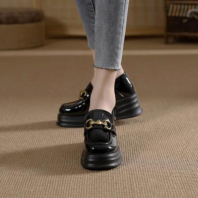Small Leather Shoes Women's New Metal Buckle Inner Height Increase Women's Shoes 3233 Single Shoes Muffin Shoes Thick Sole