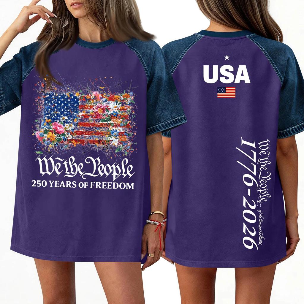 Women's Denim Patchwork Top,  Casual Short-sleeved Comfortable T-shirt,  Fashionable For Spring And Summer.