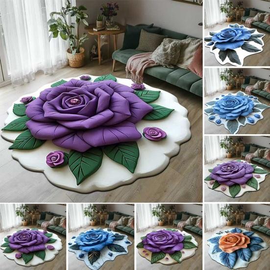 Floor Mat 3D Flower Pattern Water-Repellent Bathroom Rug with Anti-Slip Base High-Density Crystal Velvet Bath Mat